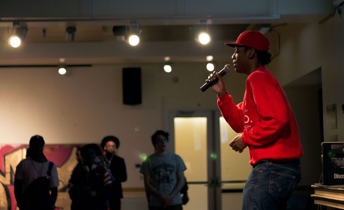 Isaiah Frison, a freshman at the University of Oregon, performs at the Black Male Alliance Hip-Hop Social on Tuesday, May 16th. For Frison, this event is &#8220;a good environment for people to come together and enjoy hip-hop music.&#8221;