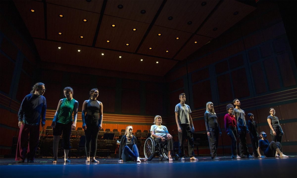 Kelcie Laube (second from left,) Brittney Hietala (fourth from left) and Hajar Albattah (eighth from left) rehearse for the 2019 Oregon Bach Festival.