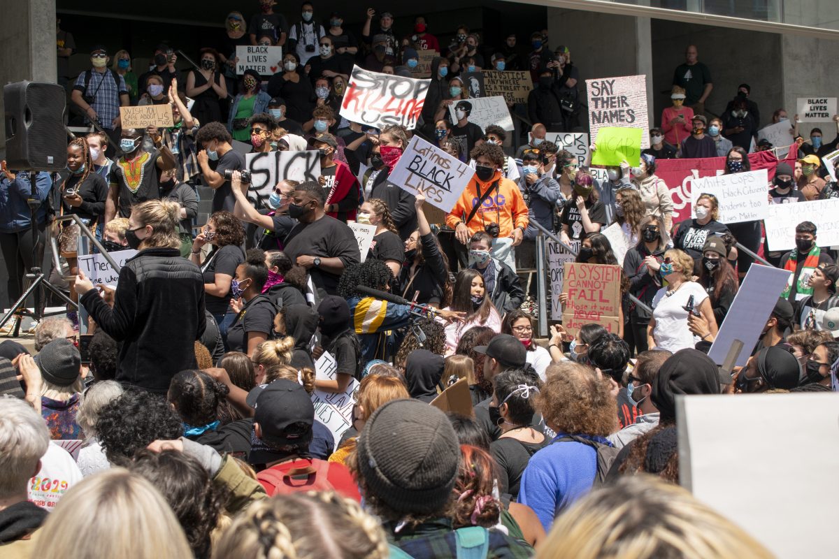 Protesters gather to hear speeches at the Wayne Morse Federal Courthouse in Eugene on May 31 before marching. The protest was organized by Black Led Action Coalition, a Black Lives Matter activist group in Eugene, and ended in Alton Baker park.