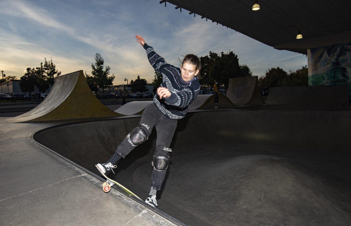 Christelle Auzas skates at WJ Skatepark in downtown Eugene at dusk. &#8220;I used to think skateboarding was this grungy thing,&#8221; says Auzas, &#8220;but now I see it more like dancing.&#8221;