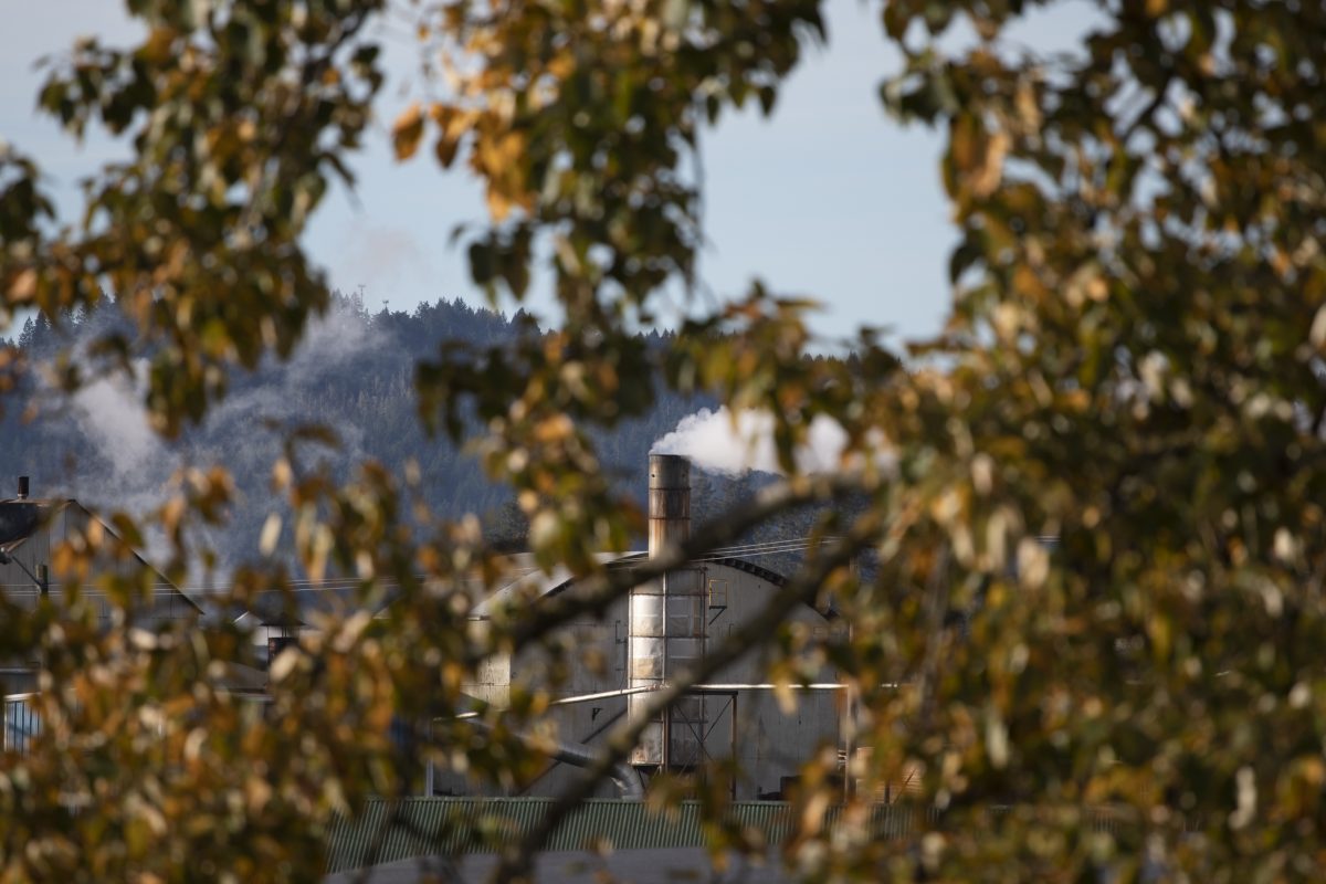 Emissions plume from an industrial chimney that belongs to Emerald Forest Products near West Eugene. West Eugene is home to many industrial polluters. According to Eugene&#8217;s Toxics Right to Know Program, Emerald Forest Products is responsible for releasing over 11,000 pounds of pollutants into the air in 2020.