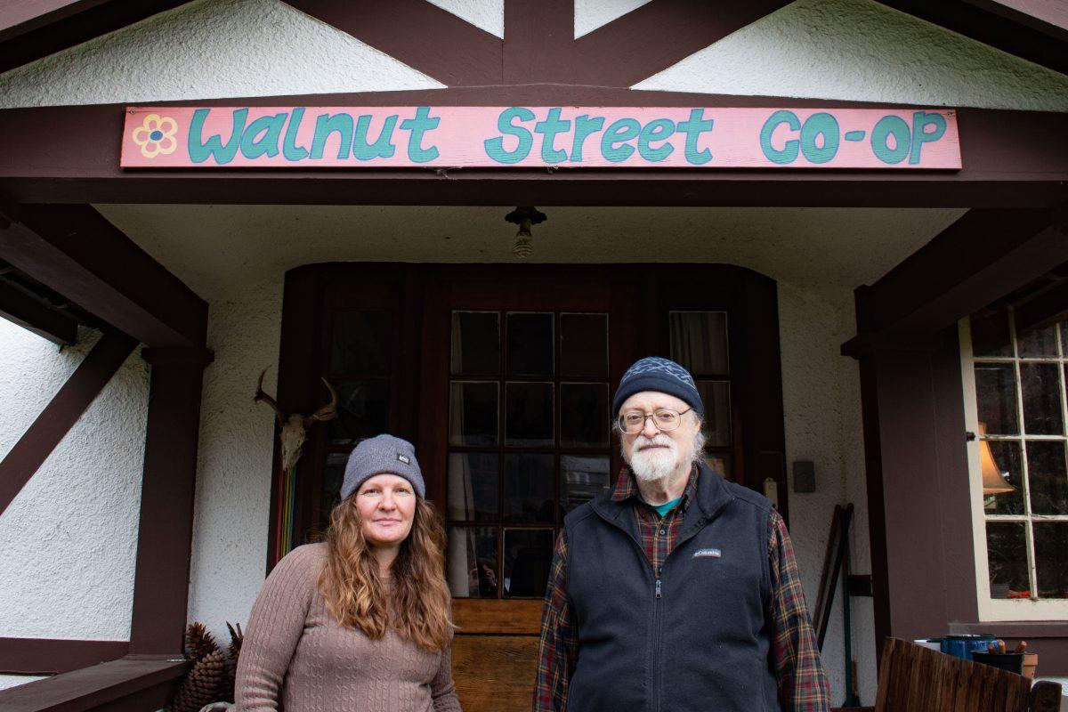 Tom Atlee and Shmigelsky stand on the Walnut Street Co-op&#8217;s front porch. While most members stay for just a few years, they have been present much longer. Atlee played a part in the co-op&#8217;s inception in 2000 and became an official member in 2001. Shmigelsky joined in 2010 and is now a part of its board of directors.